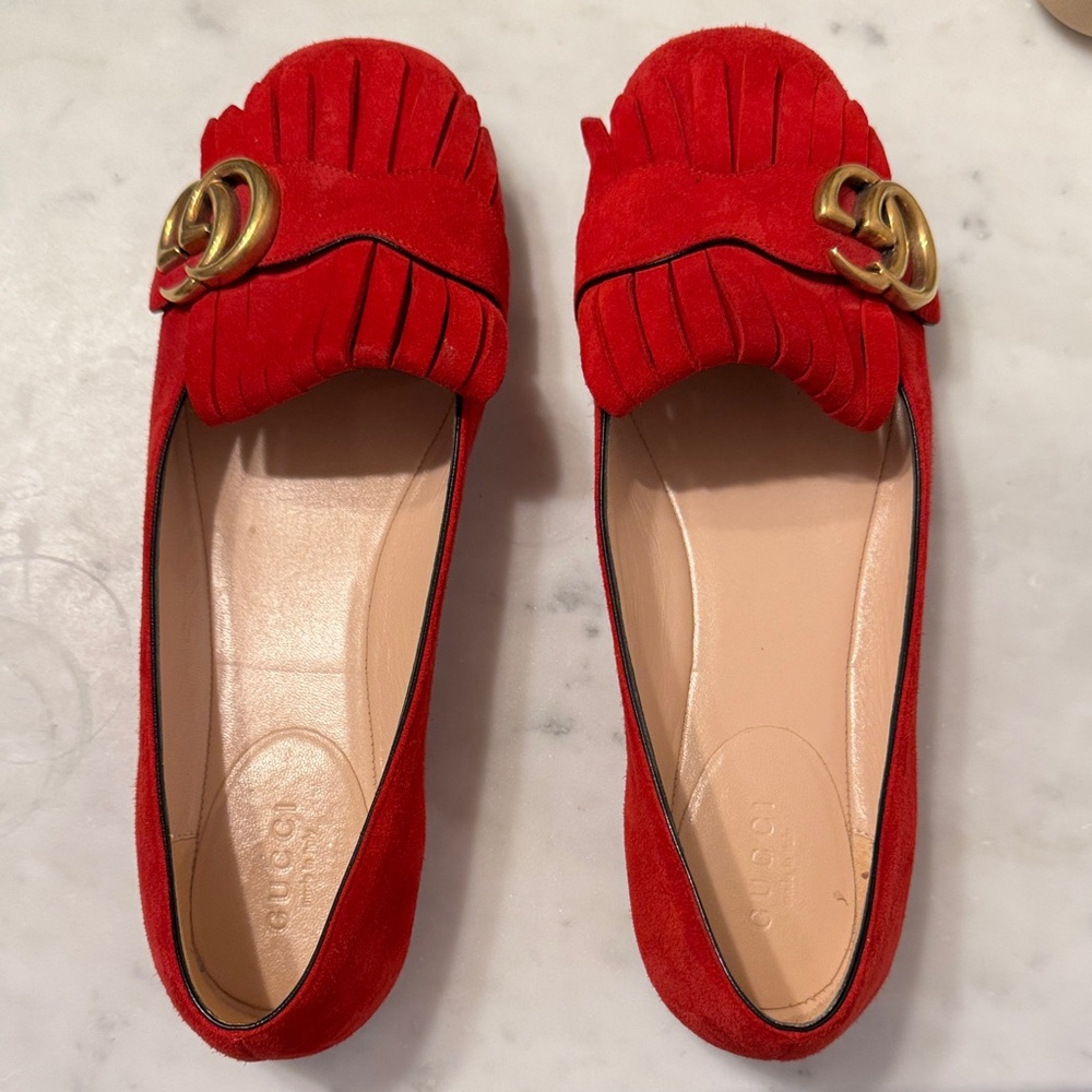 Authentic Gucci Red Suede Flats with Gold Detail